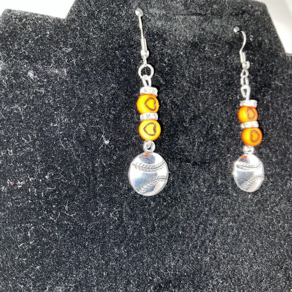 Baseball, Softball W/ Org. Hearts Hook Earrings Shiny Finish Silver PlayBall New